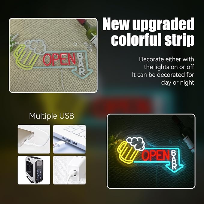 Ineonlife Bar Open Neon Sign Light Up for Wall Decor Cold Beer Led Sign for bar Small Acrylic Art Decor for restaurant business club party man cave Decorations 16.53x9.45 inch USB POWER