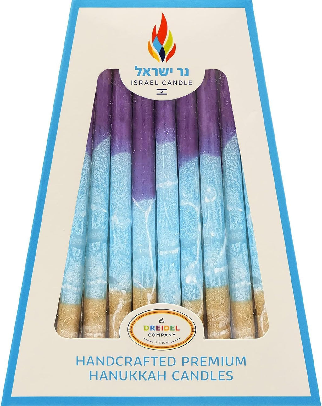 Dripless Hanukkah Candles 45 Hanukkah Candles Decorative Purple, with Blue & Gold Frosted Stripes 1-Hour Burn Time
