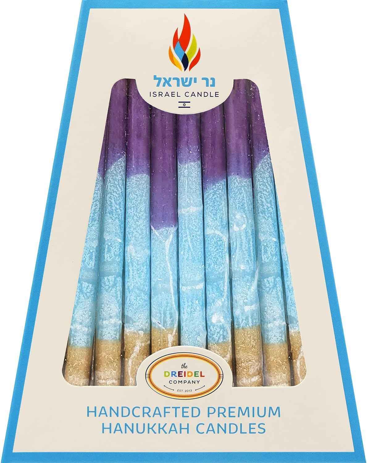Dripless Hanukkah Candles 45 Hanukkah Candles Decorative Purple, with Blue & Gold Frosted Stripes 1-Hour Burn Time