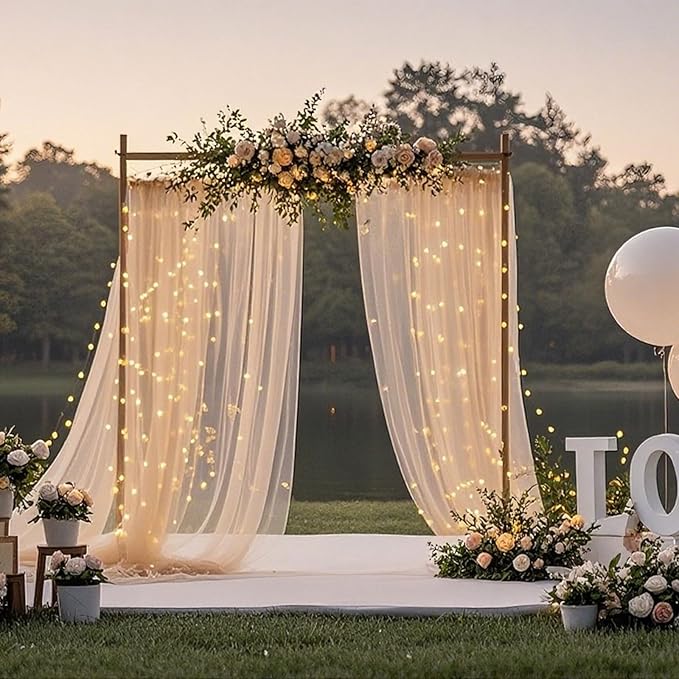 10×10ft Tulle Backdrop Curtains with Lights String - 300LED Fairy Lights Sheer Curtain Backdrop for Weddings Baby Shower and Birthday Party Decorations(4 Panels 5×10ft)