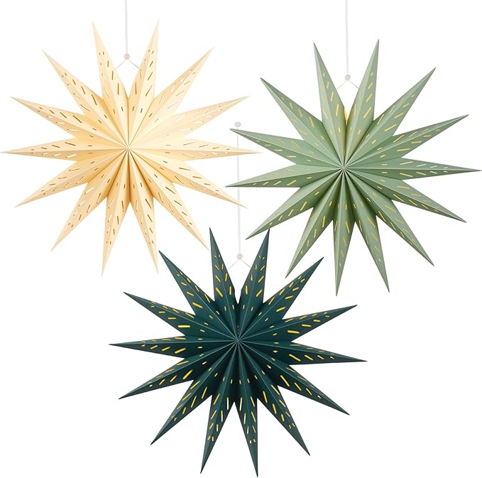 3Pcs 14-Pointed 18 Inch Paper Star Decorations Christmas Party Decorations Sage Green Yellow Hanging Star Decoration Hanging Lamp Shade for Christmas Home New Year Party