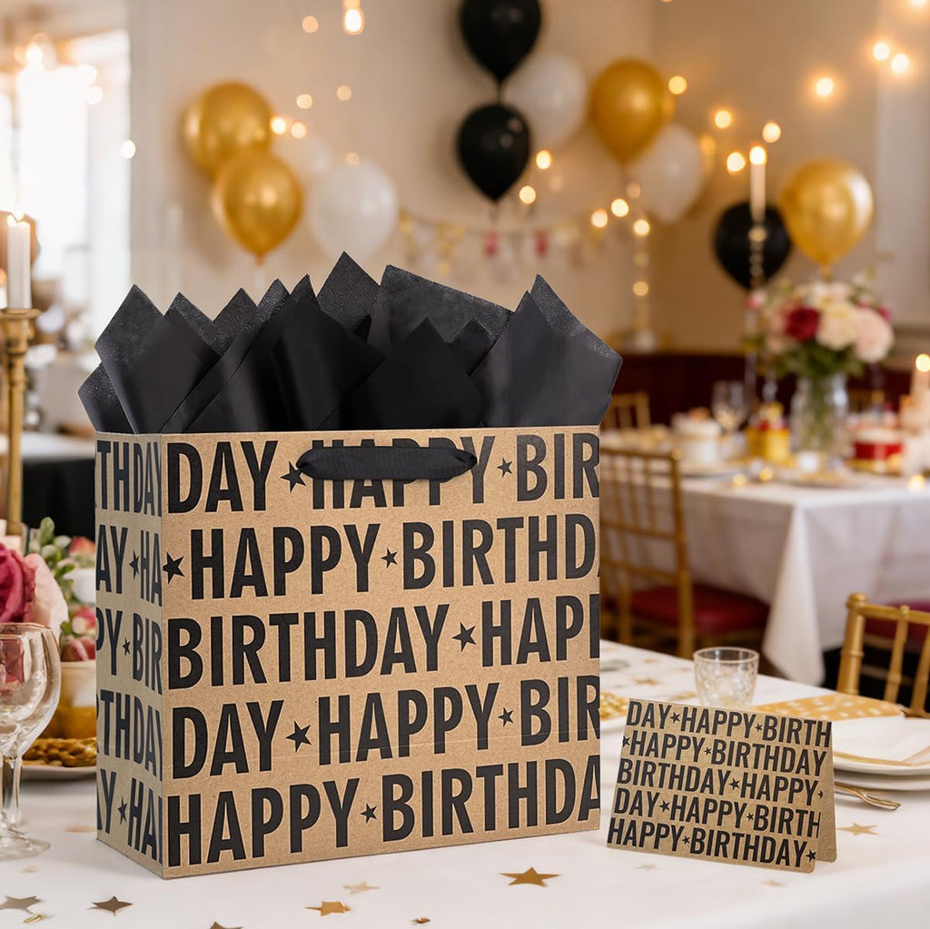 Yusenguan 13" Kraft Birthday Gift Bag with Tissue Paper and Greeting Card, Black Happy Birthday Lettering Design Gift Paper Bag for Men, Women, Kids (Black)