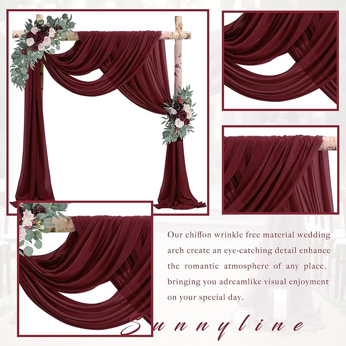 20Ft Length x 28" Width Wedding Arch Draping Fabric 2 Panels Burgundy Arch Drapes Chiffon Fabric Sheer Curtains Backdrop for Party Decorations Wedding Ceremony Bridal Ceiling Stage Reception Decor