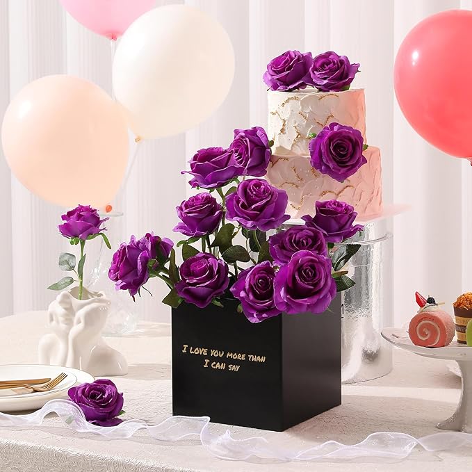 Tifuly Purple Roses Artificial Flowers - 12 pcs Realistic Single Long Stem Fake Silk Roses Bouquet for Party Home Wedding Centerpiece Office DIY Decor