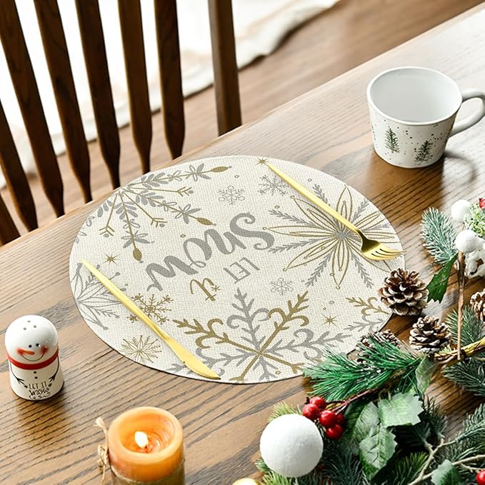 Artoid Mode Beige Snowflake Let It Snow Winter Placemats Set of 4, 15 Inch Seasonal Christmas Xmas Round Table Mats for Dining Decoration