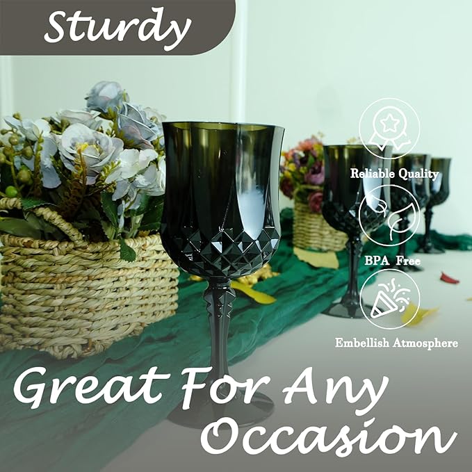 Plastic Wine Glasses，Plastic Goblets Vintage Style Cordial Drinking Glasses for Wedding Reception, Halloween Grand Event Party Supplies (24, Black)