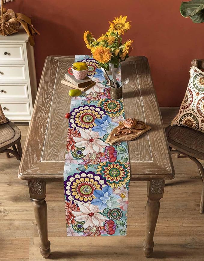 Boho Flowers Cotton Linen Table Runner for Dining Kitchen, Wedding Outdoor Party Tablerunners Decoration, Colorful Floral Farm Vintage Botanical Dresser Scarf Coffee Tablecloth Runners 13x36 Inches