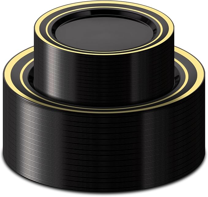 100PCS Black Plastic Plates Set with Gold Rim, 50 10.25 inch Dinner Plates and 50 7.5 inch Dessert Plates, Premium Disposable Plates forfor Party, Wedding, Holiday,And Halloween