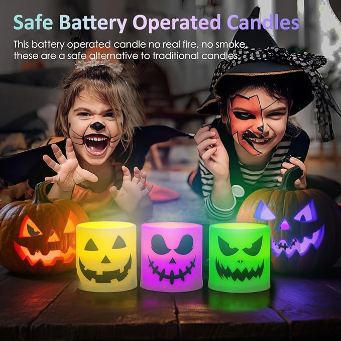 Halloween Flameless Candles - 3 Pack Colored Battery Operated Pumpkin Ghost Face Candles,LED Muti Color Grimace Night Light,Scary Halloween Decor,Fall Table Centerpieces, Spooky Home, Day of The Dead