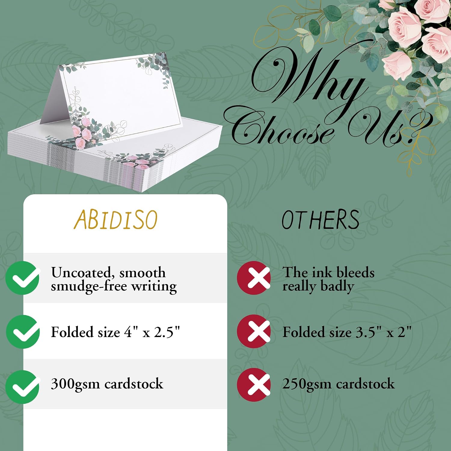 100 Pack Place Cards for Table Setting – 4" x 2.5" Folded Tent Cards, Eucalyptus Design Name Place Cards for Weddings, Parties, Events, Dinner Tables