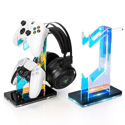 OAPRIRE Headset and Controller Stand with Lights, 2 Tier Acrylic Game Controller Holder, Controller and Headset Stand for Desktop,Universal Design Compatible with PS5/PS4/XBOX/SWITCH (Black)