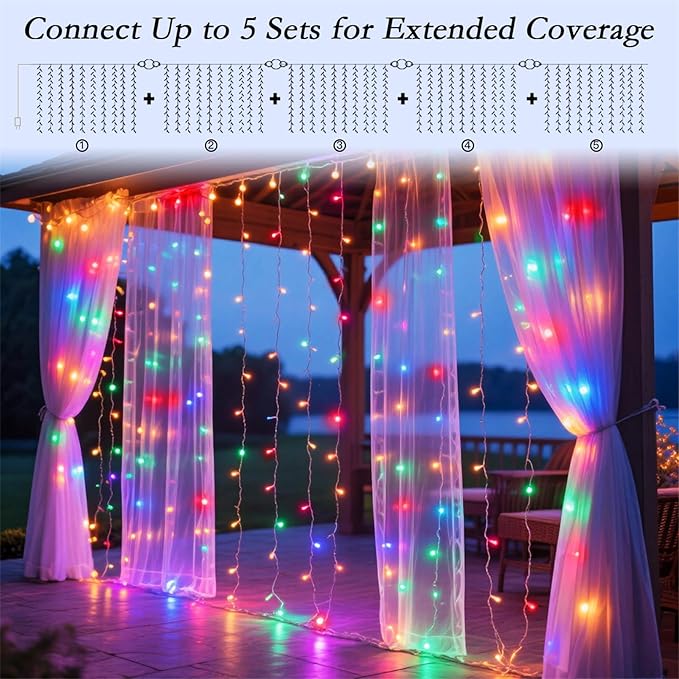 300 LED Rainbow Curtain String Lights 9.8 * 9.8FT Plug in Fairy with Timer and 8 Modes, Waterproof Window Wall Lights for Bedroom Wedding Party Indoor Outdoor Christmas Decor