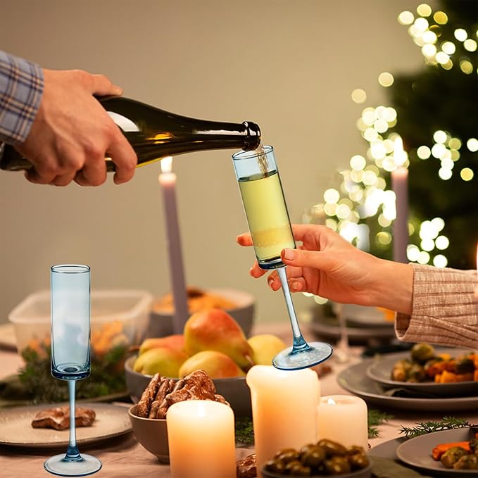 24 Pieces Blue Champagne Flutes 6 OZ Straight Sided Wine Glasses Champagne Long Stem Drinking Colored Glasses,Set of 24 Hand Blown Champagne Flutes Goblets for Wedding Cocktail Cups,Cava, Prosecco