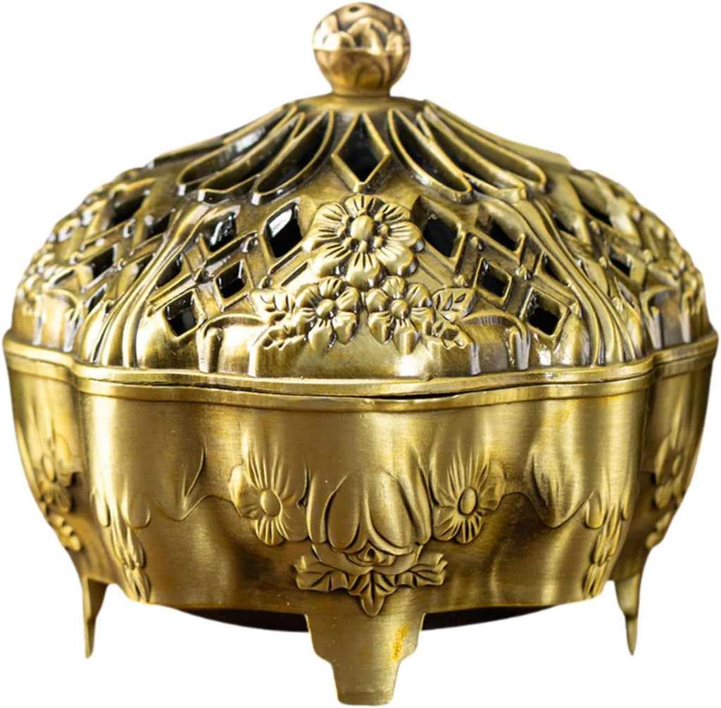 Brass Censer Bowl Holder with Lid Coil Cone Stick Accessory Traditional Round Base Patterned Craft Suitable for, Yellow
