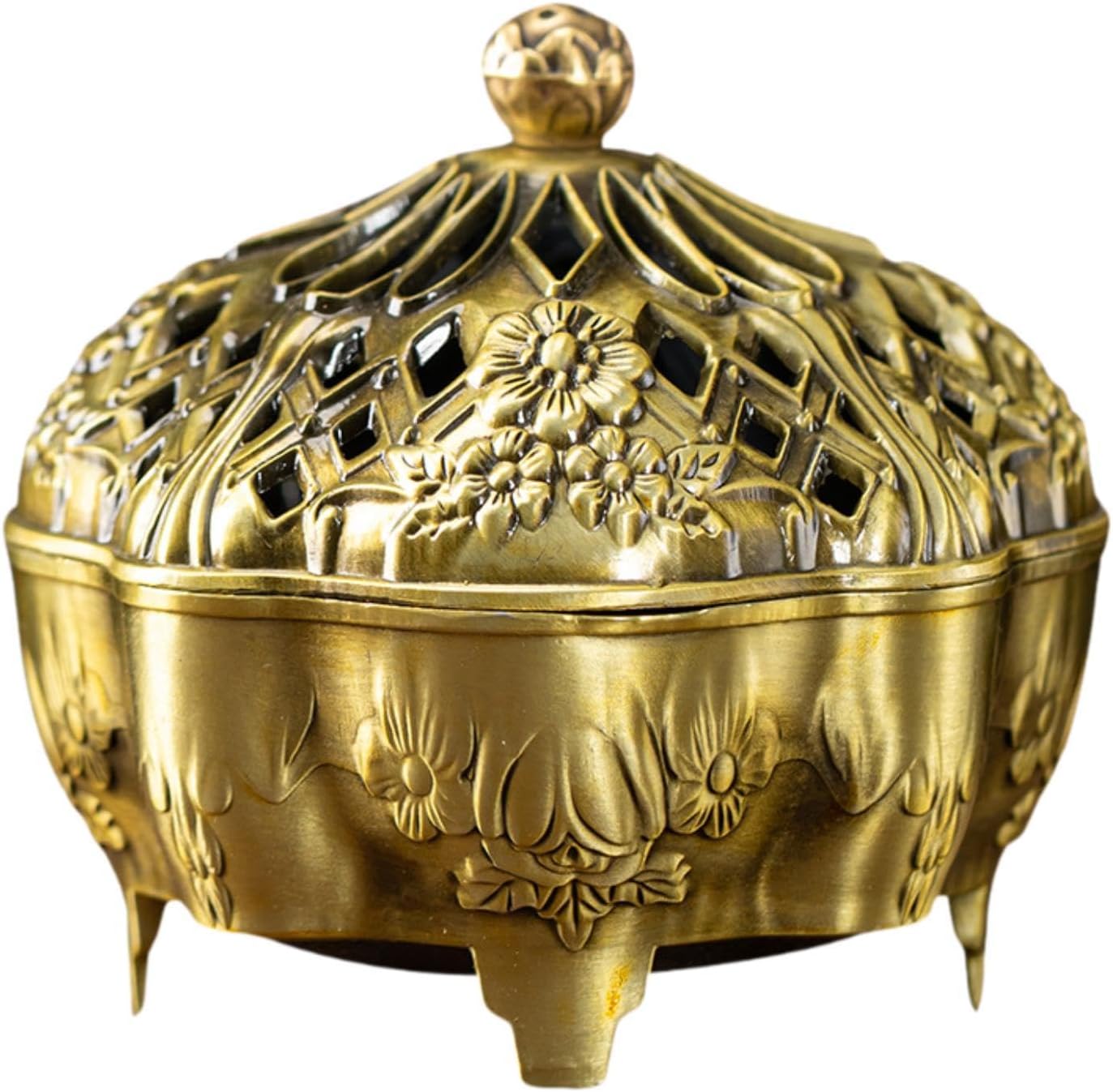 Brass Censer Bowl Holder with Lid Coil Cone Stick Accessory Traditional Round Base Patterned Craft Suitable for, Yellow