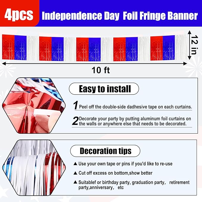 4 Pack 10 Feet White Blue Red Foil Fringe Garland Metallic Tinsel Streamers Banner Wall Hanging Curtain Backdrop for Parade Floats, Wedding, Graduate, Mother's Day, Birthday Party Decoration