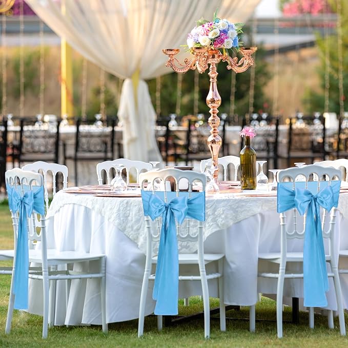 Satin Chair Sashes Bows Universal Chair Ribbon Ties Back Sash for Wedding Party Reception Events Banquets Hotel Event Chair Cover Decoration (7x108 inch) (100, Baby Blue)