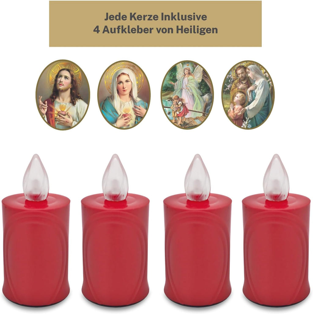 LED Votive Candle Memorial Light – Flickering Effect Like a Real Candle – Long Burning time up to 120 Days – Reusable Cemetery Remembrance Eternal Candle – RED – Mixed Saints Sticker Set