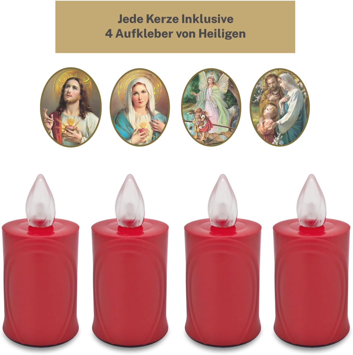 LED Votive Candle Memorial Light – Flickering Effect Like a Real Candle – Long Burning time up to 120 Days – Reusable Cemetery Remembrance Eternal Candle – RED – Mixed Saints Sticker Set