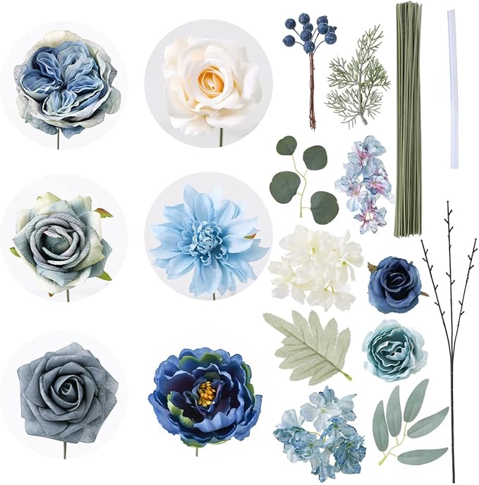Artificial Flowers Combo Box Set Dusty Blue Flowers for DIY Wedding Bouquet Arrangements Bridal Shower Party Home Decorations(White Blue Rose)