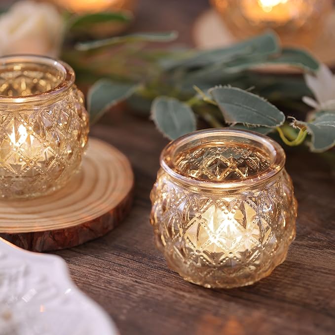 DARJEN 12Pcs Gold Glass Candle Holders - Round Tea Light Holders for Table Centerpiece, Wedding Shower, Party, Home Decor