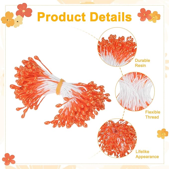 600-Pack Flower Stamens for Crafts, 5mm Double Heads Artificial Pearl Floral Pistil Mini Flower Pollens Stamens for DIY Making/Wedding/Scrapbook Decoration [Orange]