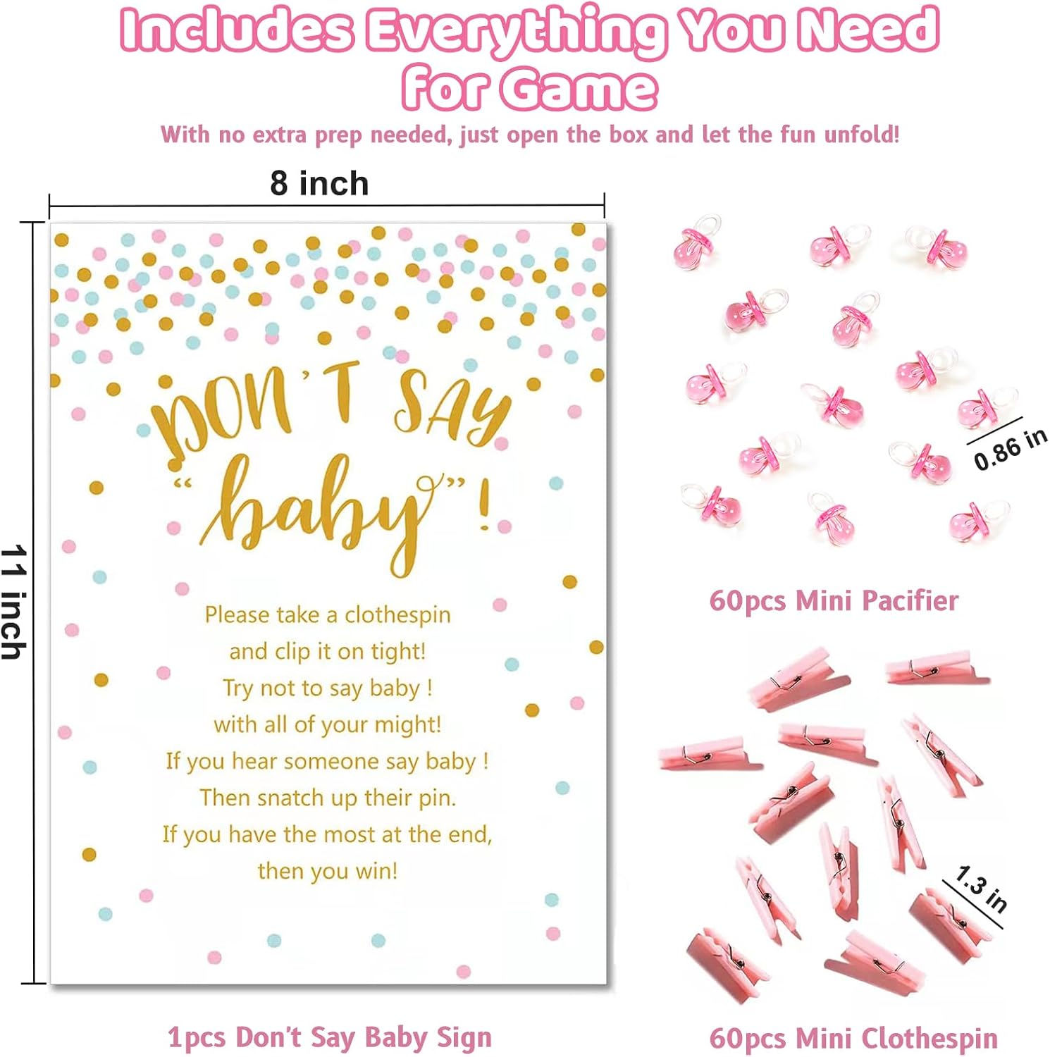 Don't Say Baby Shower Clothespin Game for Girl Includes 8x11 Standing Sign, 60 Mini Pink Clothes Pin, 60 Mini Pacifiers