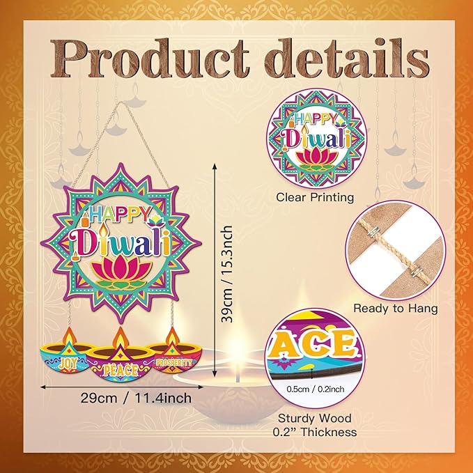 CHDITB Happy Diwali Front Door Sign Wreath(15"x11"), Wooden Lotus Rangoli Diyas Indian Festival of Lights Decoration Wall Hanging, Colorful Deepavali Themed Hanger Decor for Porch Home Office Party