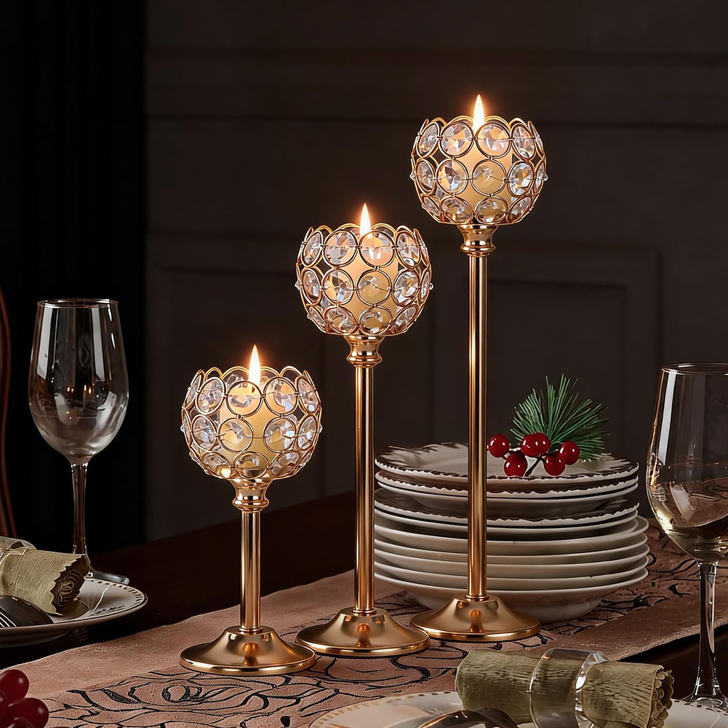 Gold Crystal Candle Holders Candlestick Holders - 4 Sets Tall Bling Bowl Candelabra Centerpieces for Dining Table, Wedding, Party & Fireplace Mantel Decor,12Pcs