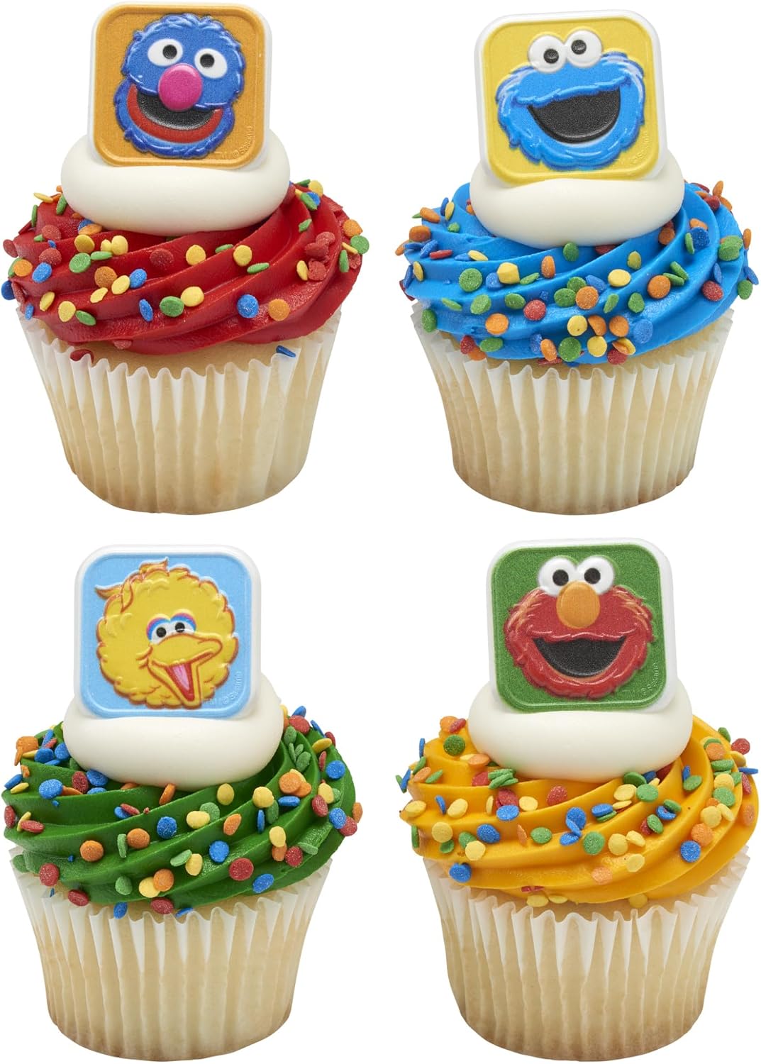 Sesame Street Rings, 24 Cupcake Toppers Featuring Elmo, Big Bird, Cookie Monster, Grover, Bright Colorful Cupcake Decorations, Food Safe - 24 Pack