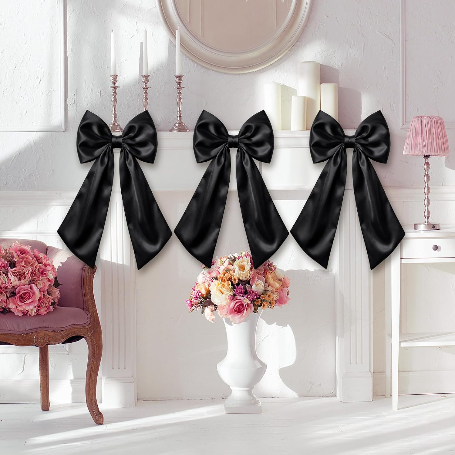 Suncalla 3 Pcs Large Black Bow Decor - 24 x 12 in Big Satin Bows Hanging Wall Decors for Crib Skirt Nursery Bedding Wedding Room Birthday Bridal Shower Christmas Fireplace Party Supplies