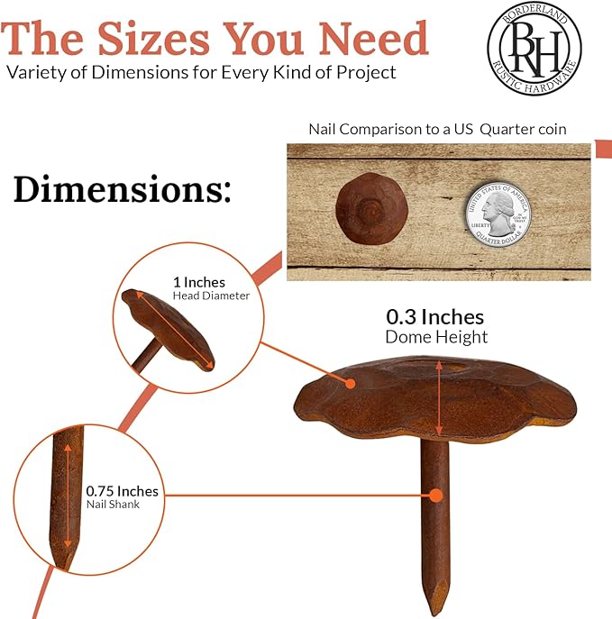 50 Pack 1" Small Round Head Iron Clavos Decorative Nails – Rusted – Handmade Rustic Round Fasteners for Farmhouse Shutter, Faux Wood Beams, Barn Door, Shutters, and Gates – Ornamental Wood Accent