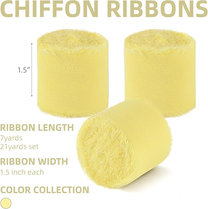 3 Rolls Cream Yellow Handmade Chiffon Ribbon,1.5" x 21Yd Frayed Fringe Silk Ribbons (3 Rolls *7Yd) for Gifts Wrapping, Wedding Invitations, Bridal Bouquets, Decoration