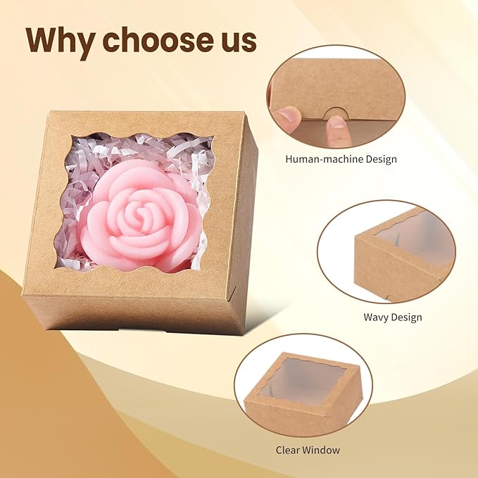 RomanticBaking 3 ¼" x 3 ¼" x 1 ½" 100PCS Cookies Boxes Soap Box Chocolate Truffle Boxes for 4, Mini Bakery Boxes with Window for Brownie,Macaron,Donut