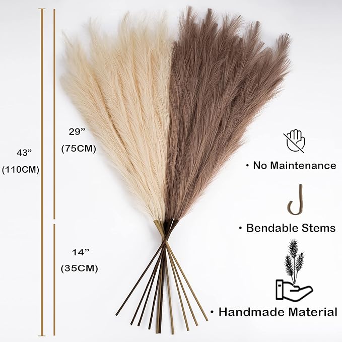 EVODIS Faux Pampas Grass 8 Stems, Artificial Pampas Grass - 43 inch Extra Large Pompass Grass Tall Pompous Boho Flower Arrangement and Floor Vase Filler Home Decor for Room Wedding Party