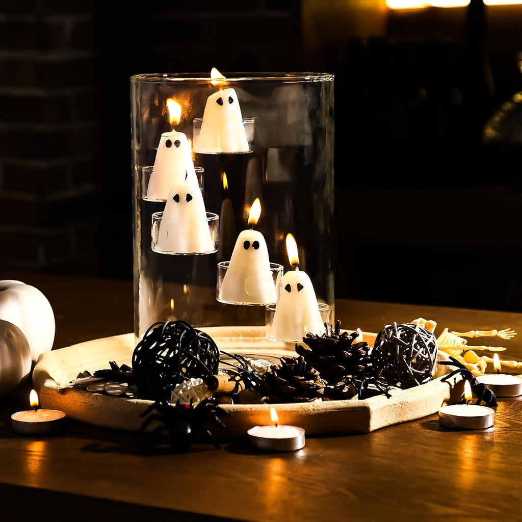 Reallnaive Halloween Glass Hurricane Candle Holder with Candles and Tea Light Clear Cylinder Pillar Candle Holder for Halloween Table Centerpiece Decorations (13 Candles,Single Style)