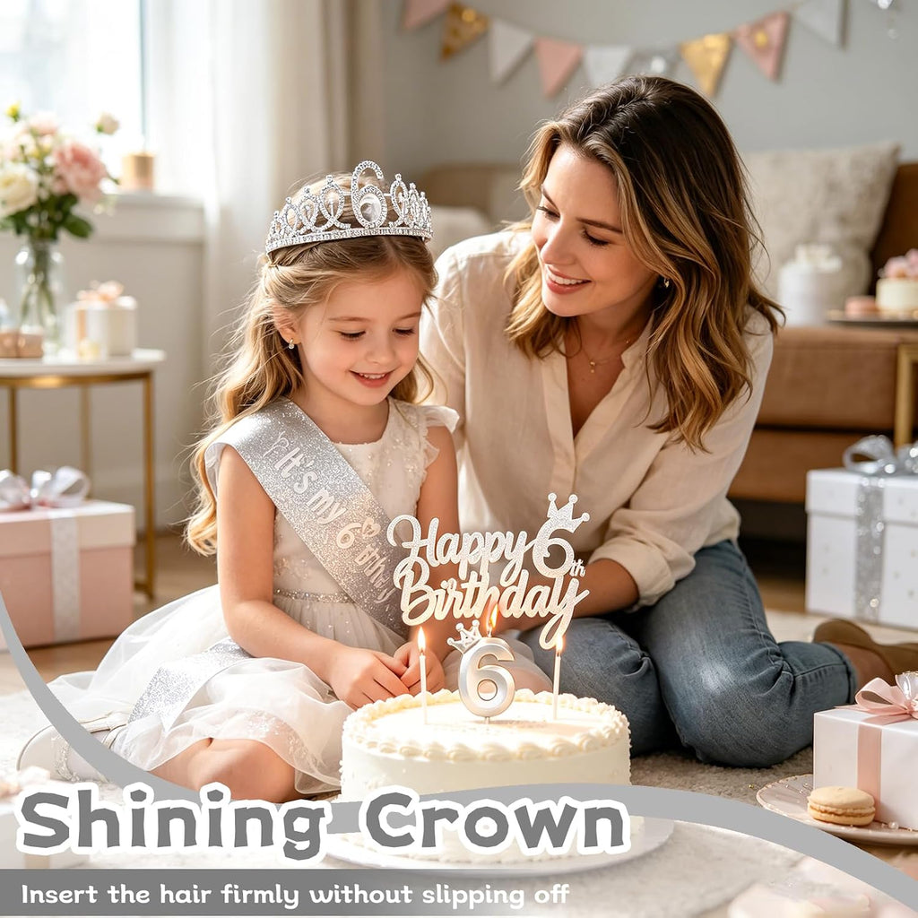 Silver Birthday Party Decorations Including Birthday Crown/Tiara, Sash, Number 9 Candle and Cake Toppers, 9 Year Old Birthday Gift Ideas