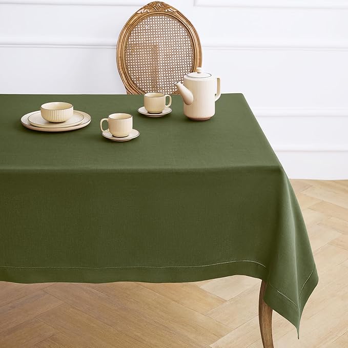 Solino Home Olive Linen Tablecloth 60 x 120 Inch - 100% Pure Linen Hemstitch Table Cloth for Rectangle Tables - Classic Hemstitch, Machine Washable Tablecloth for Fall, Autumn, Thanksgiving