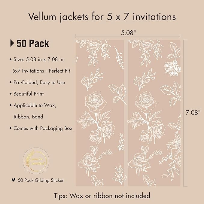 50 Pack Pre-Folded Vellum Jackets for 5x7 Invitations,AZAZA Translucent Invitation Sleeves,115GSM Vellum Jackets 5x7, Wedding Invitation Accessories,for Weddings Birthdays,Botanical Flower Pattern