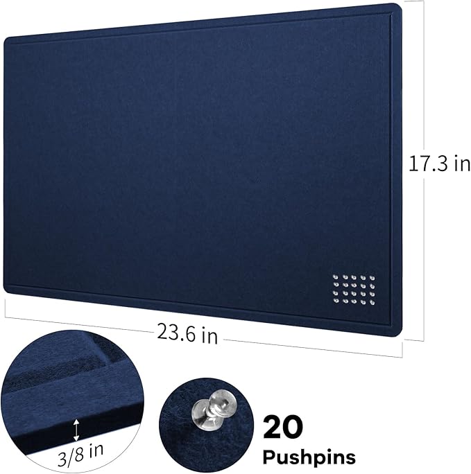 Bulletin Board, 24 x 18 inches Felt Board Decorative Pin Board, Cork Board Alternative for Wall, Foldable Photo Board Self-Adhesive Vision Board Mood Board with 20 Pushpins - Dark Blue