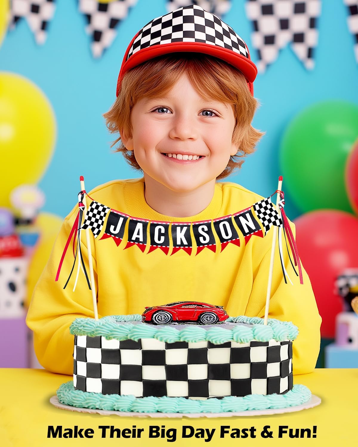 Race Car Cake Topper, Custom Name Race Car Birthday Cake Decorations, Race Car Party Decorations Checkered Flag Cake Banner
