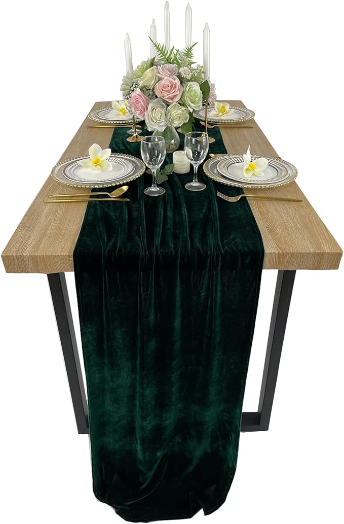 Luxurious Velvet Table Runner, 10ft Wedding Reception Decorations, 20x120inch Soft Velvet Fabric, Table Linen Overlay, Wedding Table Runners (Emerald Green, 20X120inch)