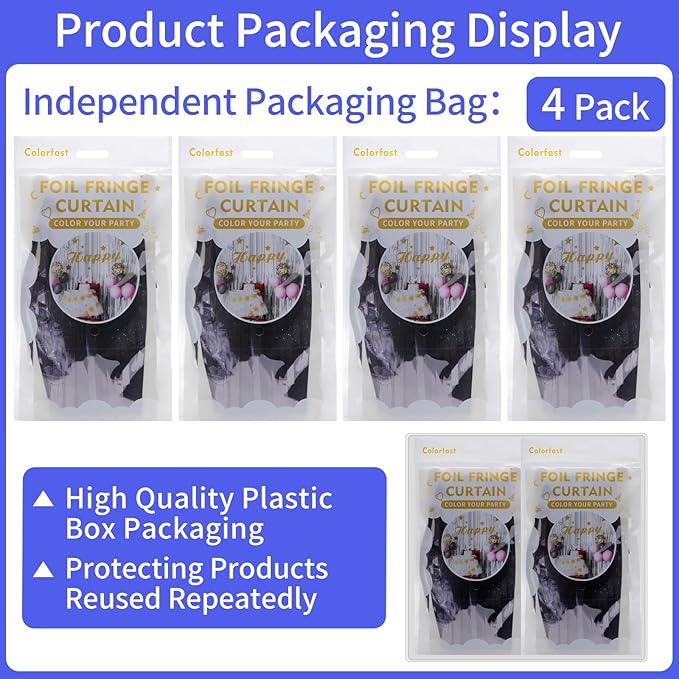 Picoway 4 Pack Foil Fringe Tinsel Backdrop Curtains, Birthday Engagement Bachelorette Party Decorations, Photo Booth Props Door Streamers Curtain (Black)