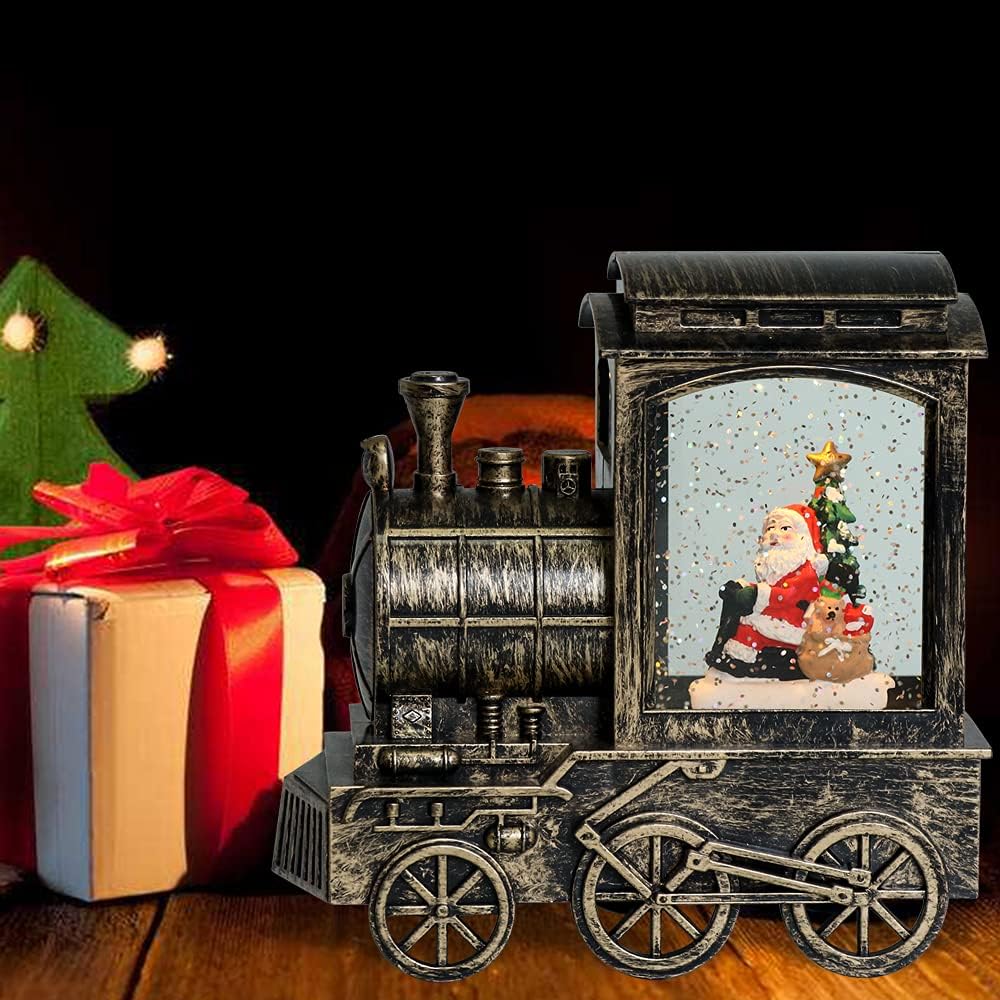 Music Snow Globe Train Lantern with Music and Timer, Battery Operated and USB Cable Santa Lighted Snow Globe Spinning Water Glitter (Bronze, USB Included)