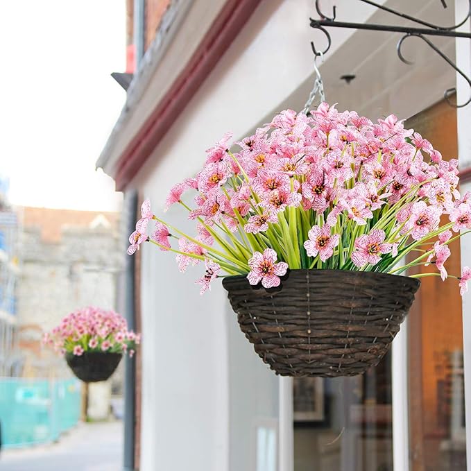 12 Bundles Artificial Flowers Outdoor UV Resistant Fake Flowers No Fade Faux Plastic Plants Garden Porch Window Box Decorating (Pink)