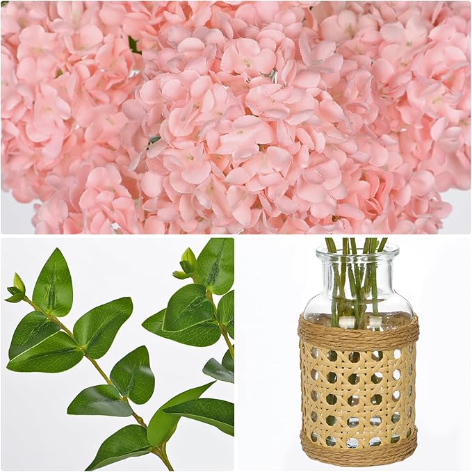 Hollyone Pink Hydrangea Artificial Flowers in Woven Glass Vase with Faux Water Silk Hydrangeas Fake Flowers Floral Arrangement for Home Indoor Bathroom Kitchen Office Table Centerpiece Shelf Decor