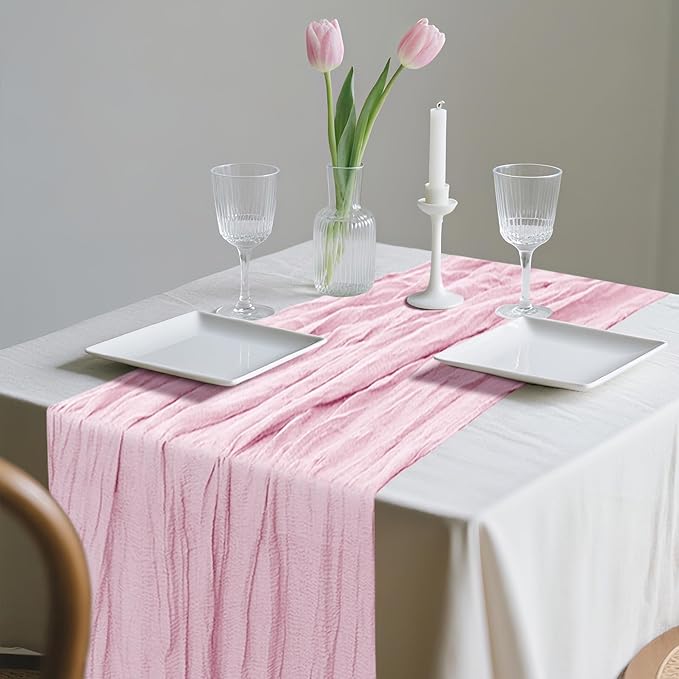 12 Pack Cheesecloth Table Runner 10Ft Christmas Gauze Boho Table Runners for Wedding Decor Bridal Shower Decorations Baby Shower Party(35" x 120")(Blushing Pink)
