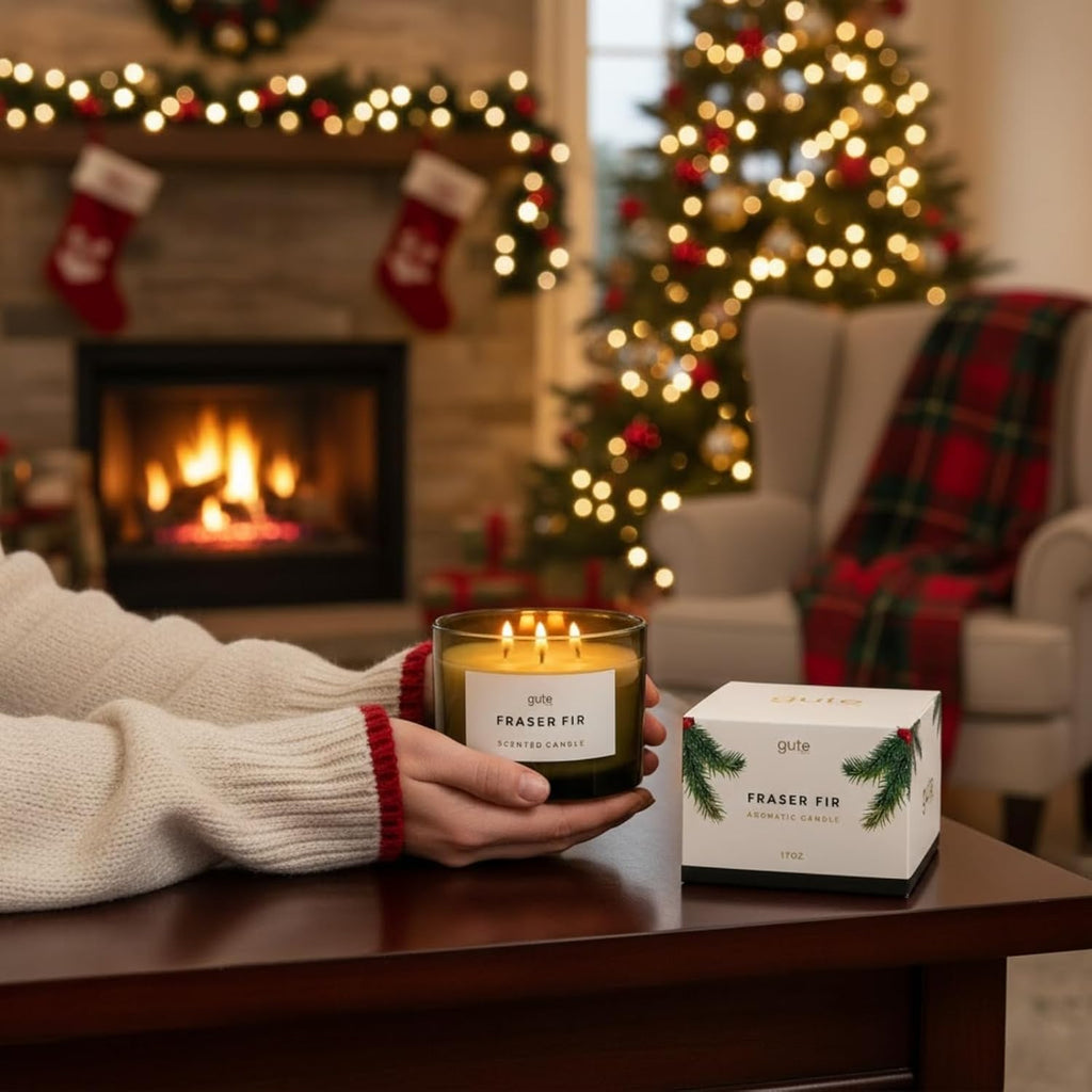 Fraser Fir 3-Wick Festive Winter Scented Soy Candle Reed Diffuser 17oz - Seasonal Home Fragrance, Aromatic Diffuser Set, Non-Toxic Candles, Forest Pine - Inspired by Winter Trees