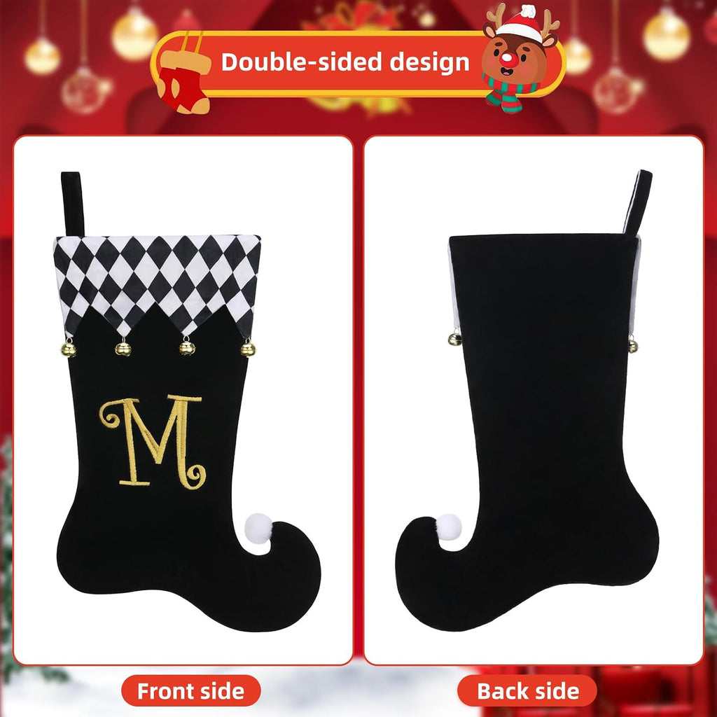 Personalized Elf Christmas Stocking,Black Velvet w/Gold Initial | 19"Black Velvet Christmas stocking,Checkered Cuff & golden jingle Bells,Holiday decor for Fireplace mantel/gifting-Letter J