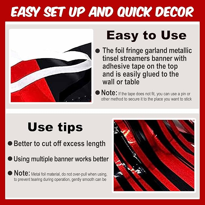 6 Pack 10 Ft Black and Red Foil Fringe Garland Metallic Streamers Tinsel Banner Wall Hanging Garland Backdrop for Parade Floats, Halloween, Christmas, Thanksgiving, New Year Party Decorations